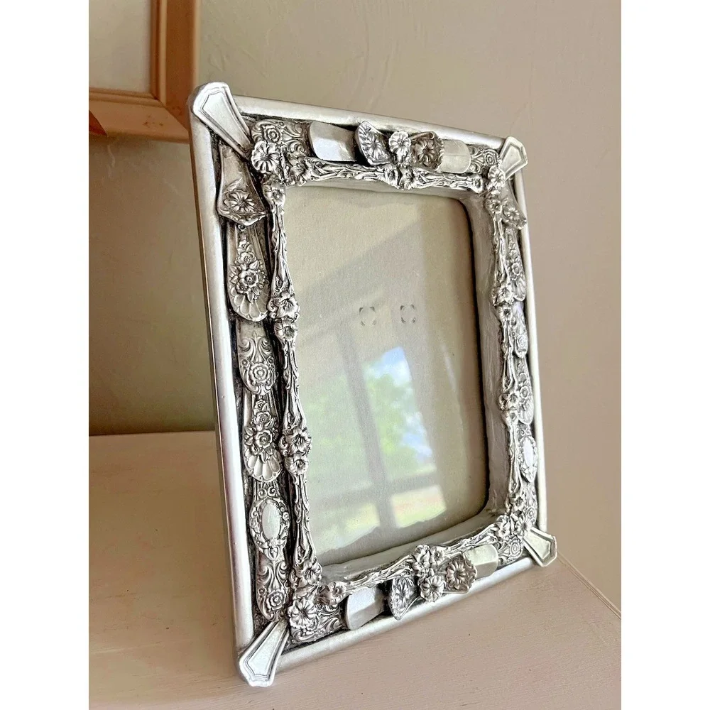 Vintage Ornate Picture Photo Frame Silver Metal Flatware Spoon Ends Handles 5x7